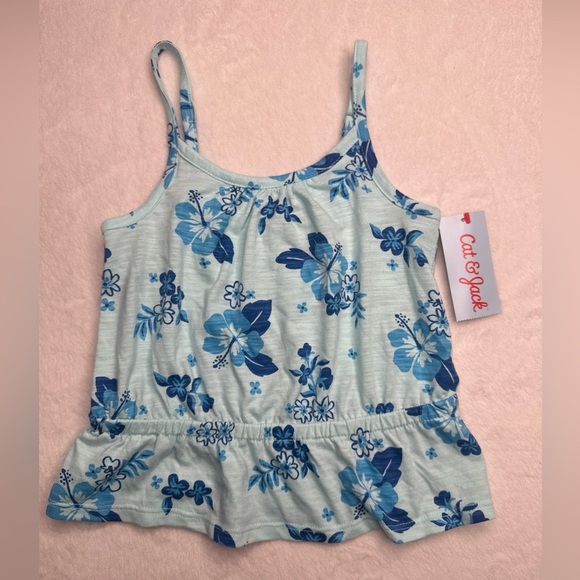 Cat & Jack Girl’s Tank Top Light Blue Hibiscus Tropical choose your size 👇 - Picture 1 of 10
